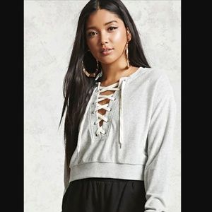 Cropped F21 Velvet Grey Lace Up Sweater